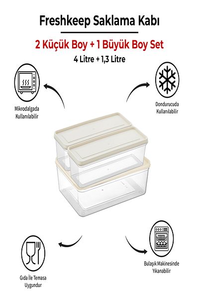 bizimevde 3 Storage Containers (1 Large-2 Medium Size) 4 Liters + 1.3 Liters Deep Freezer Microwave Compatible