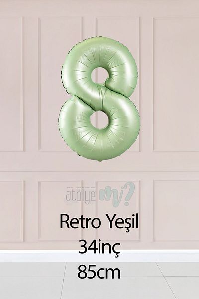 Atölye Mi 8 Retro Green Number Balloon 34 Inch 8 Years Old Balloon