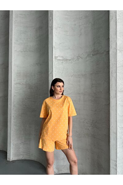 LETS BASIC Organic Cotton Score Heart Printed Short Sleeve Shorts Pajamas Set