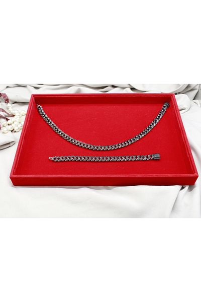 Brand. Black Iced Cuban Link Jewelry Set – Chrome-Plated Necklace & Bracelet with Embedded Crystals