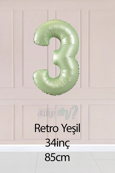 Atölye Mi 3 Retro Green Number Balloons 34 Inch 3 Years Old Balloon