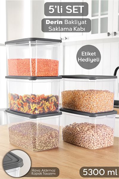 Meleni Home 5 Deep Food Storage Containers with Labels - Pulses Flour Container Large Size Food Box 5300 ml Transparent