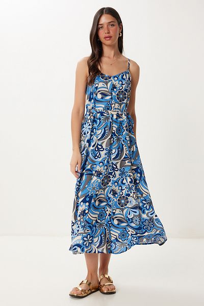 Happiness İstanbul Rochie de vară din viscoză cu model cu bretele afumate albastre RG00074