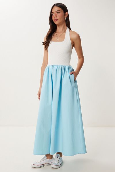 Happiness İstanbul Women's Ecru Blue Stretchy Knitted Top Poplin Skirt Dress Fn03462
