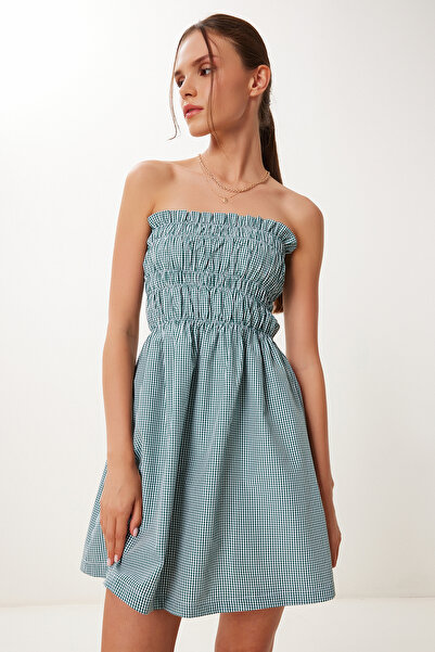 Happiness İstanbul Γυναικείο Πράσινο Καρό Στράπλες Μίνι Υφαντό Φόρεμα FK00043