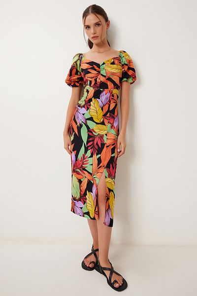 Happiness İstanbul Women's Orange Black Patterned Summer Viscose Dress Mu00015