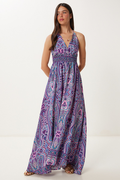 Happiness İstanbul Damen-Sommerkleid aus Viskose mit Neckholder-Muster in Lila und Rosa FG00046