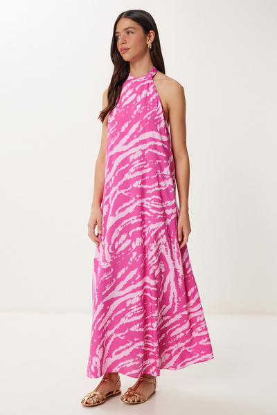 Happiness İstanbul Női rózsaszín kötőfék nyakú mintás nyári viszkóz ruha FG00042