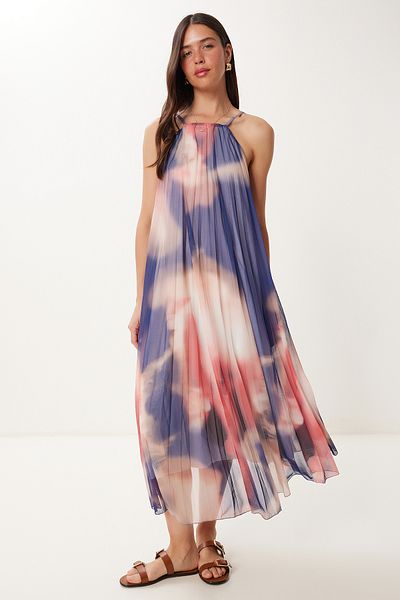 Happiness İstanbul Women's Navy Blue Pink Patterned Pleated Midi Tulle Dress Fn03472