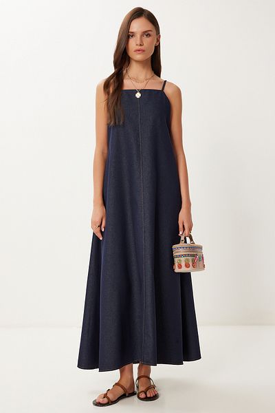 Happiness İstanbul Women's Dark Navy Blue Strap Summer Denim Dress Mx00200