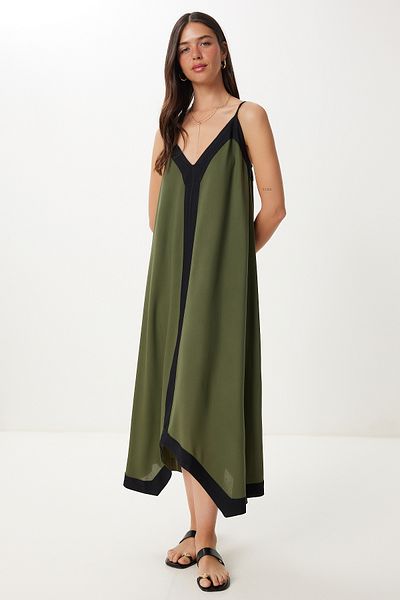 Happiness İstanbul Damen-Sommer-Viskosekleid in Khaki-Schwarz mit Kontrastfarbe FG00045