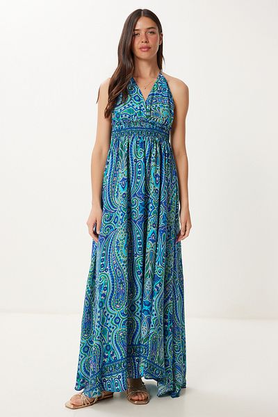 Happiness İstanbul Rochie de vară din viscoză cu model pentru femei, albastru, verde, cu gât FG00046