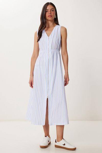 Happiness İstanbul Rochie midi țesută cu dungi pentru femei Sky Blue White FG00049