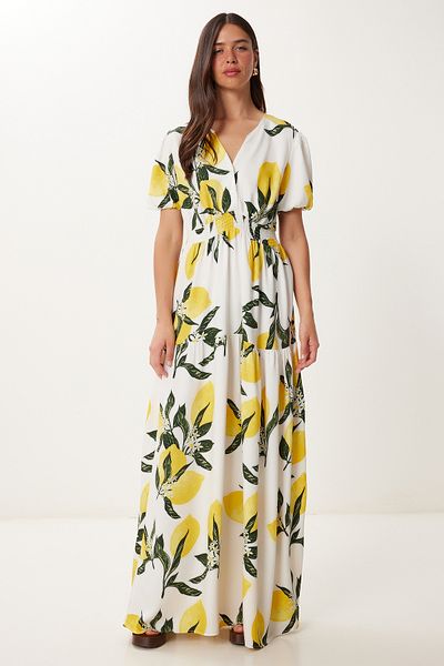 Happiness İstanbul Women's Ecru Yellow Lemon Patterned Flounced Summer Viscose Dress Fn03467