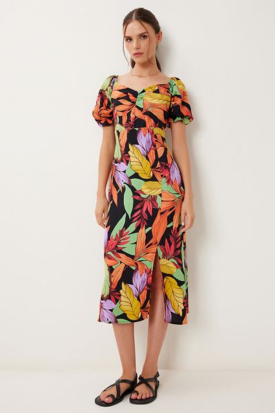 Happiness İstanbul Women's Orange Black Patterned Summer Viscose Dress Mu00015