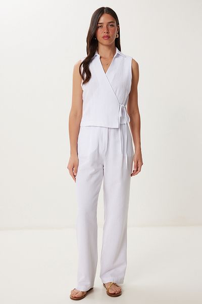 Happiness İstanbul Women's White Linen Vest Pants Suit Bv00127