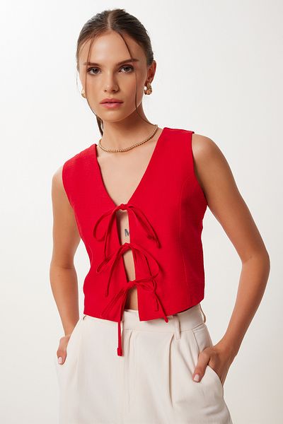 Happiness İstanbul Women's Red Tie Detailed Crop Linen Vest Rg00068