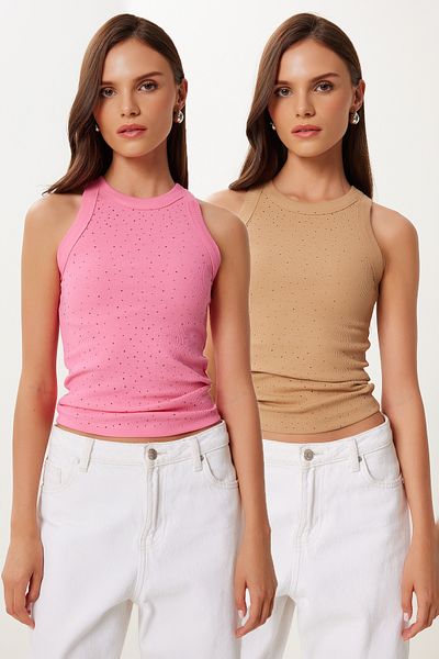 Happiness İstanbul Women's Biscuit Pink 2 Pack Stone Detailed Flexible Ribbed Knitted Undershirt Mx00206