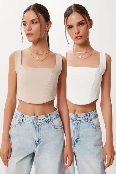 Happiness İstanbul Women's Ecru Cream 2 Pack Strap Crop Woven Blouse Mx00220