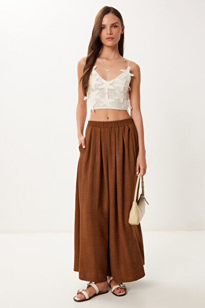 Happiness İstanbul Women's Dark Brown Pocket Flared Summer Woven Skirt Pb00046