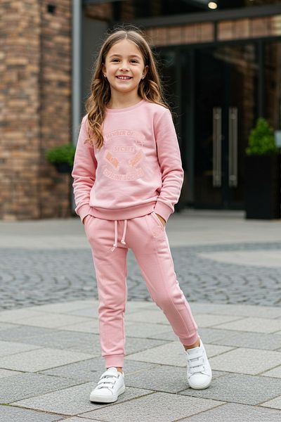 TRENDYOLKIDS Dusty Rose női gyerek szlogen kötött alsó-felső szett TKDAW25AU00138
