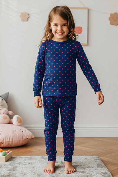 TRENDYOLKIDS Темно-синій унісекс комплект піжами в горошок Orme Top and Bottom Set TKDAW25AU00095