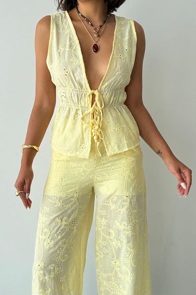 Trendyol Collection Yellow Cotton Tie-Up Brode Woven Blouse Twoss25Bz00578