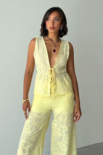 Trendyol Collection Yellow Cotton Tie-Up Brode Woven Blouse Twoss25Bz00578