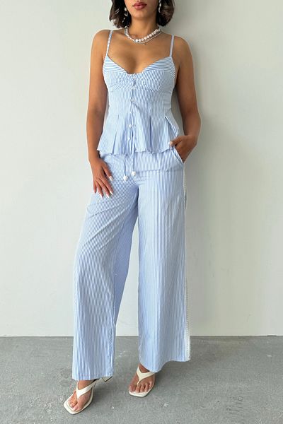 Trendyol Collection Blue Striped Strap Blouse Pants Woven Bottom - Top Set Twoss25Au00123