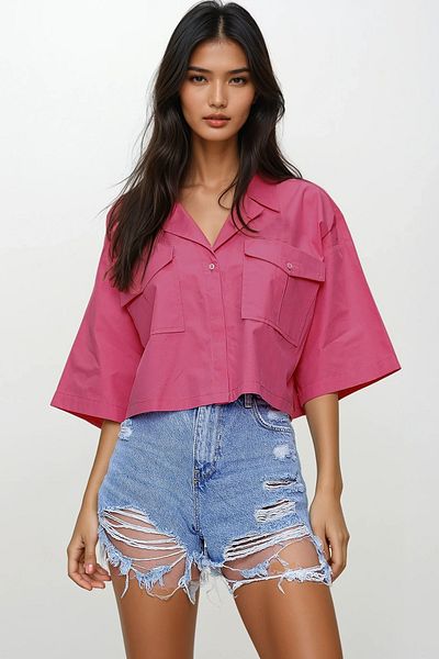 Trend Alaçatı Stili Rosa Leinenhemd mit halblangen Ärmeln und zwei Taschen für Damen ALC-X9991