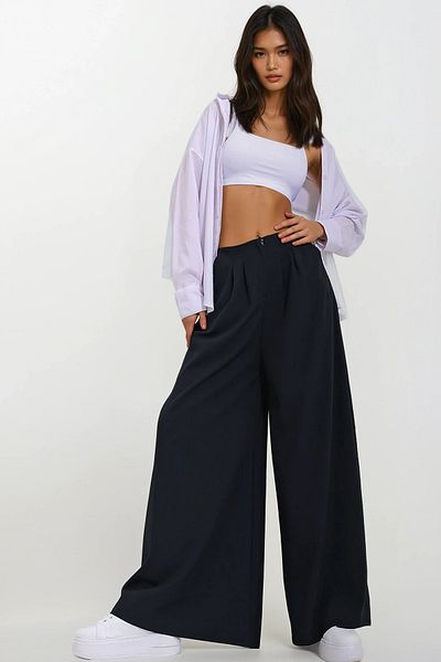 Trend Alaçatı Stili Marineblaue Damenhose mit hoher Taille, Kragen und weitem Bein, Reißverschluss vorne, ALC-X11489