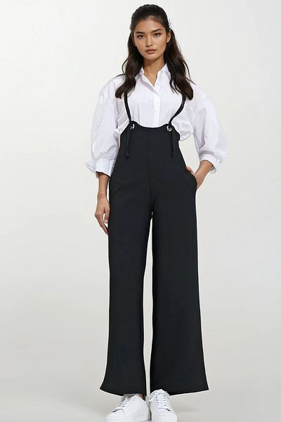 Trend Alaçatı Stili Dámský černý nastavitelný popruh, skrytý zip, dvojitá kapsa Salopet ALC-X11979