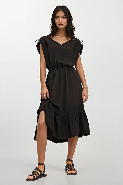 Trend Alaçatı Stili Schwarzes Damen-Webkleid mit V-Ausschnitt, Volant, elasti...