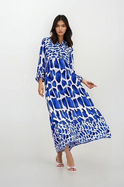 Trend Alaçatı Stili Women's Blue Robe Buttoned Patterned Layered Flounced Woven Viscose Dress ALC-X12034