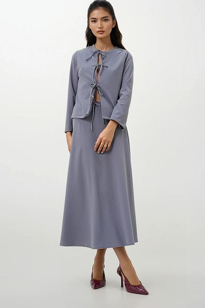 Trend Alaçatı Stili Gray Crepe Knitted Jacket and Maxi Skirt Set - Crew Neck and Front Tie Detail Alc-X12872