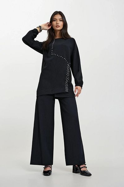 Trend Alaçatı Stili Black Pearl and Stone Embroidered Tunic and Trousers Women's Set - Crew Neck ALC-X12302