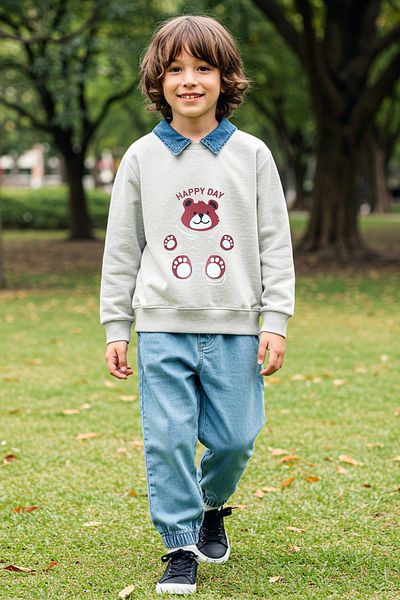 TRENDYOLKIDS Fiú 4 részes pamut kötött öltöny - antracitszürke, nyomtatott TKDAW25AU00055