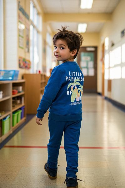 TRENDYOLKIDS Fiú sötétkék szlogen pamut öltöny - TKDAW25AU00044