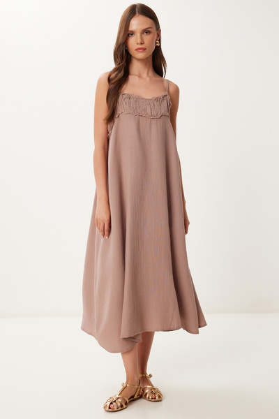 Happiness İstanbul Dámské letní mušelínové šaty s mléčně hnědým střapcem BV00152