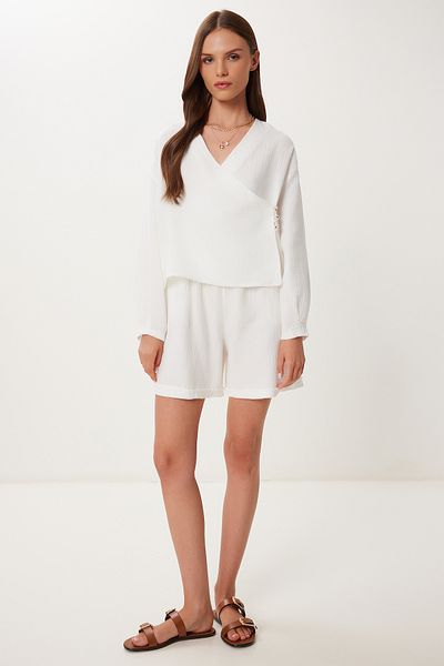 Happiness İstanbul Women's Ecru Muslin Blouse Shorts Set Bv00151
