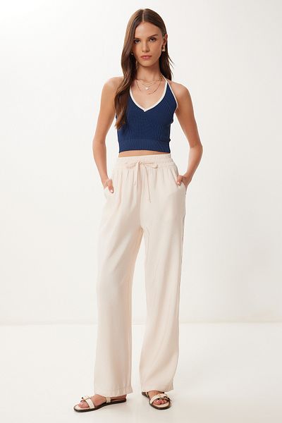 Happiness İstanbul Women's Cream Wide Leg Summer Modal Trousers Bv00157