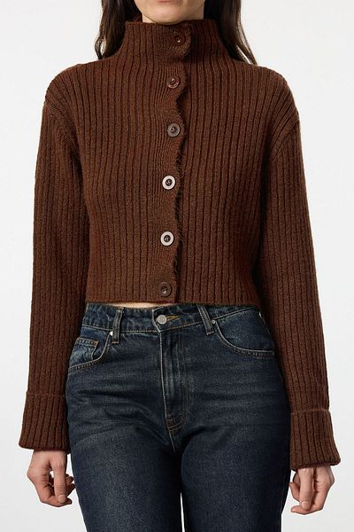 Trendyol Collection Brown Crop Soft Textured Stand Collar Knitwear Cardigan Twoaw22Hi0174