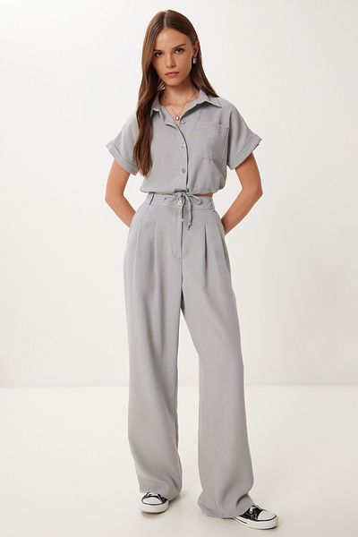 Happiness İstanbul Women's Gray Linen Crop Shirt Pants Suit Bv00149