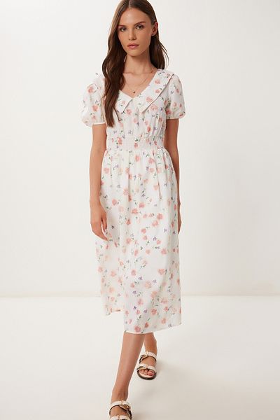 Happiness İstanbul Women's Ecru Floral Patterned Summer Midi Woven Dress Tp00103