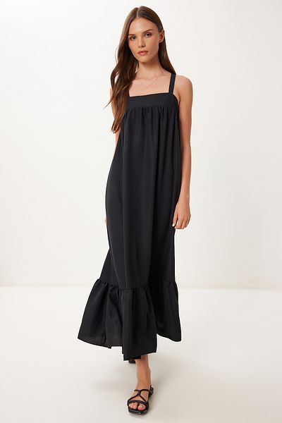 Happiness İstanbul Women's Black Strap Flounced Summer Tensel Dress Bv00154