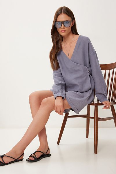 Happiness İstanbul Women's Anthracite Muslin Blouse Shorts Set Bv00151