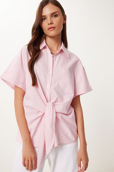 Happiness İstanbul Women's Pink Tie Detail Poplin Shirt Bv00140