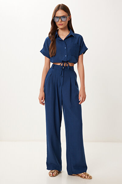 Happiness İstanbul Women's Navy Blue Linen Crop Shirt Pants Set Bv00149