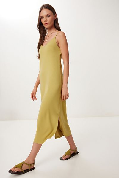 Happiness İstanbul Women's Olive Green Strap Basic Stretch Modal Dress Bv00150