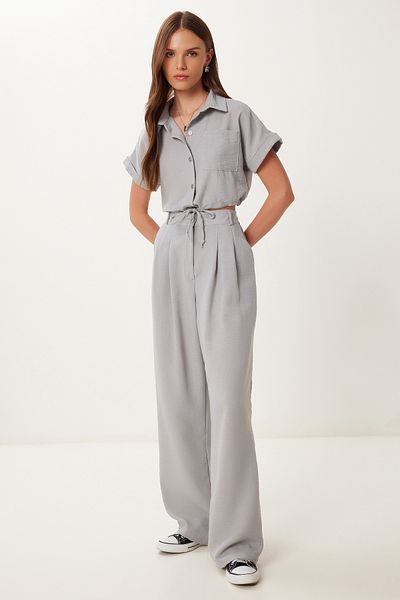 Happiness İstanbul Women's Gray Linen Crop Shirt Pants Suit Bv00149
